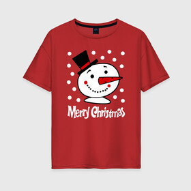 Женская футболка хлопок Oversize с принтом Merry Christmas снеговик в цилиндре , 100% хлопок | свободный крой, круглый ворот, спущенный рукав, длина до линии бедер
 | carrot | merry christmas | new year | smile | snow | snowman | winter | зима | морковка | новый год | снег | снеговик | счастливого рождества | улыбка