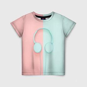 Детская футболка 3D с принтом Музыкальное настроение , 100% гипоаллергенный полиэфир | прямой крой, круглый вырез горловины, длина до линии бедер, чуть спущенное плечо, ткань немного тянется | гарнитура | голубое | музыка | музыкальное настроение | наушники | половины | розовое