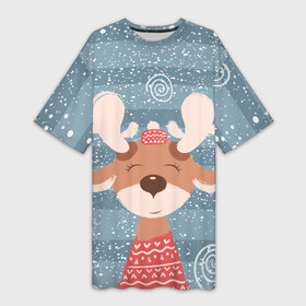 Платье-футболка 3D с принтом Милый олень в шапочке ,  |  | животное | зима | новогоднее | олень | полосы | снег