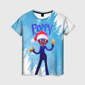Женская футболка 3D с принтом Новогодний Poppy Playtime. , 100% полиэфир ( синтетическое хлопкоподобное полотно) | прямой крой, круглый вырез горловины, длина до линии бедер | 2021 | 2022 | happy new year | play | poppy | poppy playtime | poppyplaytime | time | игра | монстр | новогодний poppy playtime | новый год | праздник | снежинки