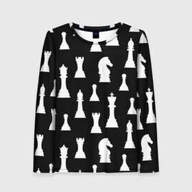 Женский лонгслив 3D с принтом Белые шахматные фигуры , 100% полиэстер | длинные рукава, круглый вырез горловины, полуприлегающий силуэт | Тематика изображения на принте: checkmate | chess | chess board | chess game | chess pieces | chess player | chessboard | gambit | game | king | pawn | queen | гамбит | игра | король | мат | партия | ферзь | фигуры | шахматист | шахматы