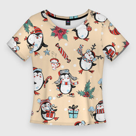 Женская футболка 3D Slim с принтом Пингвины новогодние ,  |  | 2021 | 2022 | christmas | merry | merry christmas | new year | snow | sweater | ugly christmas | winter | зима | новогодний | новогодняя | новый год | пингвин | пингвины | рождественский | рождественский свитер | рождество | свитер | снег