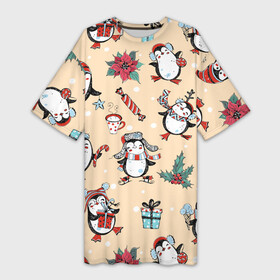 Платье-футболка 3D с принтом Пингвины новогодние ,  |  | 2021 | 2022 | christmas | merry | merry christmas | new year | snow | sweater | ugly christmas | winter | зима | новогодний | новогодняя | новый год | пингвин | пингвины | рождественский | рождественский свитер | рождество | свитер | снег