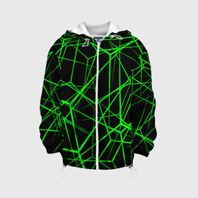 Детская куртка 3D с принтом Зеленые Полигоны , 100% полиэстер | застежка — молния, подол и капюшон оформлены резинкой с фиксаторами, по бокам — два кармана без застежек, один потайной карман на груди, плотность верхнего слоя — 90 г/м2; плотность флисового подклада — 260 г/м2 | зеленая абстракция | зеленая матрица | зеленая текстура | зеленые линии | зеленые полоски матрица | современное искусство