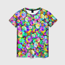 Женская футболка 3D с принтом Rainbow flowers , 100% полиэфир ( синтетическое хлопкоподобное полотно) | прямой крой, круглый вырез горловины, длина до линии бедер | takashi murakami | паттерн | радуга | смайл | такаси мураками | улыбка | цветы