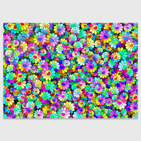 Поздравительная открытка с принтом Rainbow flowers , 100% бумага | плотность бумаги 280 г/м2, матовая, на обратной стороне линовка и место для марки
 | takashi murakami | паттерн | радуга | смайл | такаси мураками | улыбка | цветы