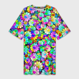 Платье-футболка 3D с принтом Rainbow flowers ,  |  | Тематика изображения на принте: takashi murakami | паттерн | радуга | смайл | такаси мураками | улыбка | цветы