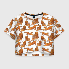 Женская футболка Crop-top 3D с принтом Тигровые потягушки паттерн белый , 100% полиэстер | круглая горловина, длина футболки до линии талии, рукава с отворотами | big cat | cats | tiger | год тигра | новый год | паттерн | тигр | тигры