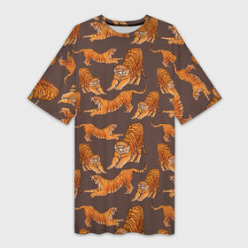 Платье-футболка 3D с принтом Тигровые потягушки  кофе паттерн ,  |  | 2022 | big cats | cat | tiger | год тигра | новый год | тигр | тигровый год | тигры