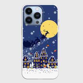 Чехол для iPhone 13 Pro с принтом Санта Клаус на оленях в небе ,  |  | big moon | christmas | city | fly | houses | in the night sky | light in the windows | new year | reindeer | santa claus | большая луна | в ночном небе | город | дома | летят | новый год | олени | рождество | санта клаус