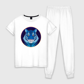Женская пижама хлопок с принтом Голубой водяной тигр символ 2022 года , 100% хлопок | брюки и футболка прямого кроя, без карманов, на брюках мягкая резинка на поясе и по низу штанин | Тематика изображения на принте: 2022 | водяной | год | гороскоп | китайский | символ | талисман | тигр