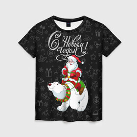 Женская футболка 3D с принтом Санта Клаус на белом медведе , 100% полиэфир ( синтетическое хлопкоподобное полотно) | прямой крой, круглый вырез горловины, длина до линии бедер | bells | christmas | gifts | jingle bells | new year | polar bear | riding | santa claus | snowflakes | белый медведь | бубенцы | верхом | дед мороз | колокольчики | новый год | подарки | рождество | санта клаус | снежинки