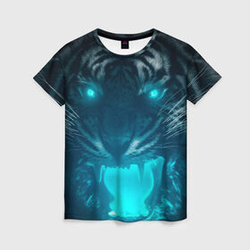 Женская футболка 3D с принтом Неоновый водяной тигр 2022 , 100% полиэфир ( синтетическое хлопкоподобное полотно) | прямой крой, круглый вырез горловины, длина до линии бедер | 2022 | водяной тигр | неон | новый год | тигр