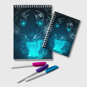 Блокнот с принтом Неоновый водяной тигр 2022 , 100% бумага | 48 листов, плотность листов — 60 г/м2, плотность картонной обложки — 250 г/м2. Листы скреплены удобной пружинной спиралью. Цвет линий — светло-серый
 | Тематика изображения на принте: 2022 | водяной тигр | неон | новый год | тигр
