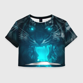 Женская футболка Crop-top 3D с принтом Неоновый водяной тигр 2022 , 100% полиэстер | круглая горловина, длина футболки до линии талии, рукава с отворотами | 2022 | водяной тигр | неон | новый год | тигр