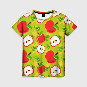 Женская футболка 3D с принтом Яблочки паттерн , 100% полиэфир ( синтетическое хлопкоподобное полотно) | прямой крой, круглый вырез горловины, длина до линии бедер | apple | яблоки | яблоко | яблоня | яблочки