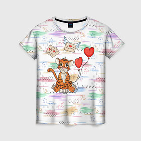 Женская футболка 3D с принтом Милый влюбленный тигренок 2022 , 100% полиэфир ( синтетическое хлопкоподобное полотно) | прямой крой, круглый вырез горловины, длина до линии бедер | 2022 | год тигра | новый год | новый год 2022 | символ года | тигр | тигренок | тигрица | тигры