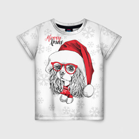 Детская футболка 3D с принтом Happy Christmas кокер спаниель , 100% гипоаллергенный полиэфир | прямой крой, круглый вырез горловины, длина до линии бедер, чуть спущенное плечо, ткань немного тянется | american | cap | christmas | cocker spaniel | happy christmas | knitted scarf | new year | purebred dog | red | santa claus | snowflakes | американский | вязаный шарф | кокер спаниель | колпак | красные | новый год | очки | породистая собака | р