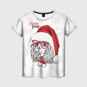 Женская футболка 3D с принтом Happy Christmas кокер спаниель , 100% полиэфир ( синтетическое хлопкоподобное полотно) | прямой крой, круглый вырез горловины, длина до линии бедер | american | cap | christmas | cocker spaniel | happy christmas | knitted scarf | new year | purebred dog | red | santa claus | snowflakes | американский | вязаный шарф | кокер спаниель | колпак | красные | новый год | очки | породистая собака | р