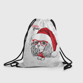 Рюкзак-мешок 3D с принтом Happy Christmas кокер спаниель , 100% полиэстер | плотность ткани — 200 г/м2, размер — 35 х 45 см; лямки — толстые шнурки, застежка на шнуровке, без карманов и подкладки | Тематика изображения на принте: american | cap | christmas | cocker spaniel | happy christmas | knitted scarf | new year | purebred dog | red | santa claus | snowflakes | американский | вязаный шарф | кокер спаниель | колпак | красные | новый год | очки | породистая собака | р