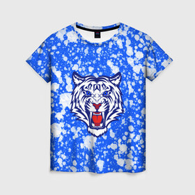 Женская футболка 3D с принтом БЕЛЫЙ ТИГР_2022 , 100% полиэфир ( синтетическое хлопкоподобное полотно) | прямой крой, круглый вырез горловины, длина до линии бедер | 2022 | белый тигр | большие кошки | год тигра | кляксы | новогодний | символ года | тигр | хищник