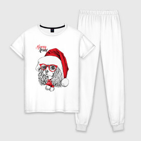 Женская пижама хлопок с принтом Happy Christmas американский кокер спаниель , 100% хлопок | брюки и футболка прямого кроя, без карманов, на брюках мягкая резинка на поясе и по низу штанин | american | cap | christmas | cocker spaniel | happy christmas | knitted scarf | new year | purebred dog | red | santa claus | snowflakes | американский | вязаный шарф | кокер спаниель | колпак | красные | новый год | очки | породистая собака | р