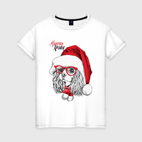 Женская футболка хлопок с принтом Happy Christmas американский кокер спаниель , 100% хлопок | прямой крой, круглый вырез горловины, длина до линии бедер, слегка спущенное плечо | Тематика изображения на принте: american | cap | christmas | cocker spaniel | happy christmas | knitted scarf | new year | purebred dog | red | santa claus | snowflakes | американский | вязаный шарф | кокер спаниель | колпак | красные | новый год | очки | породистая собака | р