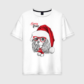 Женская футболка хлопок Oversize с принтом Happy Christmas американский кокер спаниель , 100% хлопок | свободный крой, круглый ворот, спущенный рукав, длина до линии бедер
 | american | cap | christmas | cocker spaniel | happy christmas | knitted scarf | new year | purebred dog | red | santa claus | snowflakes | американский | вязаный шарф | кокер спаниель | колпак | красные | новый год | очки | породистая собака | р