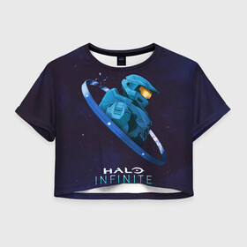 Женская футболка Crop-top 3D с принтом Halo Infinite Силуэт мастера Чифа , 100% полиэстер | круглая горловина, длина футболки до линии талии, рукава с отворотами | chief | halo | infinite | инфинит | мастер чиф | хало | хейло | хэйло | чиф