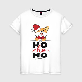 Женская футболка хлопок с принтом Corgi | Ho ho Ho , 100% хлопок | прямой крой, круглый вырез горловины, длина до линии бедер, слегка спущенное плечо | 2022 | 2022 год | happy new year | santa | год тигра | дед мороз | каникулы | мороз | новогодний свитер | новый год | новый год 2022 | новый год тигра | оливье | праздник | рождество | санта клаус | свитер новогодний