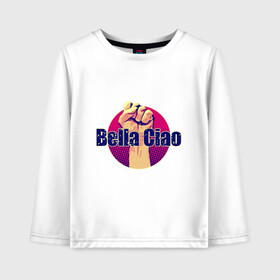 Детский лонгслив хлопок с принтом Bella Ciao Fist , 100% хлопок | круглый вырез горловины, полуприлегающий силуэт, длина до линии бедер | Тематика изображения на принте: blla ciao | la casa de papel | money heist | netflix | spain | банк | белла чао | берлин | богота | бумажный дом | грабитель | дали | денвер | деньги | испания | маска | москва | найроби | нетфликс | ограбление | осло | профессор