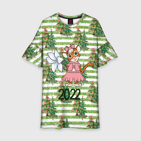 Детское платье 3D с принтом Милая тигрица с цветком , 100% полиэстер | прямой силуэт, чуть расширенный к низу. Круглая горловина, на рукавах — воланы | 2022 | год тигра | новый год | новый год 2022 | символ года | тигр | тигренок | тигрица | тигры