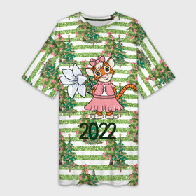 Платье-футболка 3D с принтом Милая тигрица с цветком ,  |  | 2022 | год тигра | новый год | новый год 2022 | символ года | тигр | тигренок | тигрица | тигры