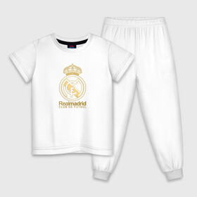 Детская пижама хлопок с принтом Real Madrid gold logo , 100% хлопок |  брюки и футболка прямого кроя, без карманов, на брюках мягкая резинка на поясе и по низу штанин
 | Тематика изображения на принте: gold logo | madrid | rael madrid | real | spain | золотая эмблема | золотой логотип | испания | королевский клуб | ла лига | лига чемпионов | мадрид | реал | реал мадрид | сливочные | футбол | чемпионат испании