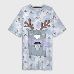 Платье-футболка 3D с принтом Новогодний олень в шарфе ,  |  | животное | новый год | олень | раттерн | ягоды