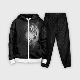 Детский костюм 3D с принтом Тигр черно белый соты ,  |  | tiger | восточный тигр | год тигра | кошка | тигр | тигренок | хищник