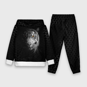Детский костюм 3D (с толстовкой) с принтом Тигр черно белый соты ,  |  | tiger | восточный тигр | год тигра | кошка | тигр | тигренок | хищник