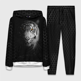 Женский костюм 3D (с толстовкой) с принтом Тигр черно белый соты ,  |  | tiger | восточный тигр | год тигра | кошка | тигр | тигренок | хищник