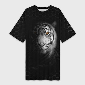 Платье-футболка 3D с принтом Тигр черно белый соты ,  |  | tiger | восточный тигр | год тигра | кошка | тигр | тигренок | хищник