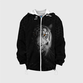 Детская куртка 3D с принтом Тигр черно-белый соты , 100% полиэстер | застежка — молния, подол и капюшон оформлены резинкой с фиксаторами, по бокам — два кармана без застежек, один потайной карман на груди, плотность верхнего слоя — 90 г/м2; плотность флисового подклада — 260 г/м2 | Тематика изображения на принте: tiger | восточный тигр | год тигра | кошка | тигр | тигренок | хищник