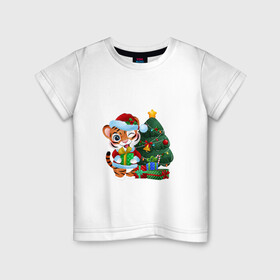 Детская футболка хлопок с принтом Тигрины подарки , 100% хлопок | круглый вырез горловины, полуприлегающий силуэт, длина до линии бедер | Тематика изображения на принте: new year | арт | графика | елка | зима | новый год | рождество | тигр