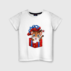 Детская футболка хлопок с принтом Тигрин сюрприз , 100% хлопок | круглый вырез горловины, полуприлегающий силуэт, длина до линии бедер | new year | арт | графика | зима | новый год | подарок | рождество | тигр