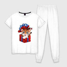 Женская пижама хлопок с принтом Тигрин сюрприз , 100% хлопок | брюки и футболка прямого кроя, без карманов, на брюках мягкая резинка на поясе и по низу штанин | new year | арт | графика | зима | новый год | подарок | рождество | тигр