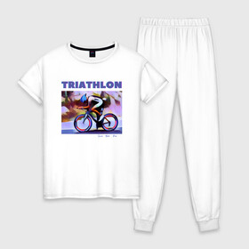 Женская пижама хлопок с принтом Триспорт , 100% хлопок | брюки и футболка прямого кроя, без карманов, на брюках мягкая резинка на поясе и по низу штанин | bike | run | swim | triathlon | triatlon | бег | велогонщик | велоспорт | выносливость | картина | краска | плавание | триатлон