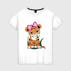 Женская футболка хлопок с принтом Тигр девочка , 100% хлопок | прямой крой, круглый вырез горловины, длина до линии бедер, слегка спущенное плечо | 2022 | бант | год тигра | девочка | для девочек | иллюстрация | милая тигрица | новый год | подарок | праздник | с бантом | тигр девочка | тигренок | тигрица