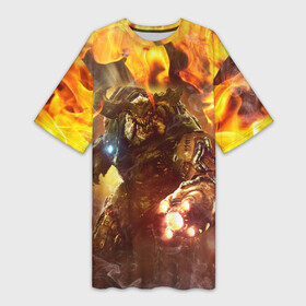 Платье-футболка 3D с принтом CYBER DEMON IN FIRE  DOOM BOSS ,  |  | bos | boss | cyber demon | cyberdemon | demons | devil | doom | doom eternal | doom slayer | fire | hell | in fire | slayer | ад | бос | босс | демон | демоны | дум | кибер демон | кибердемон