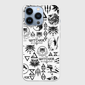 Чехол для iPhone 13 Pro с принтом THE WITCHER LOGOBOMBING ЧЁРНО БЕЛЫЙ | ВЕДЬМАК ПАТТЕРН ,  |  | geralt | the witcher | the witcher wild hunt | witcher | wolf | аард | аксий | белый волк | ведьмак | ведьмак 3 | волк | геральт | игни | ирден | йенифер | каер морхен | квен | охотник | трисс | цири | школа волка