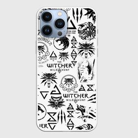 Чехол для iPhone 13 Pro Max с принтом THE WITCHER LOGOBOMBING ЧЁРНО БЕЛЫЙ | ВЕДЬМАК ПАТТЕРН ,  |  | geralt | the witcher | the witcher wild hunt | witcher | wolf | аард | аксий | белый волк | ведьмак | ведьмак 3 | волк | геральт | игни | ирден | йенифер | каер морхен | квен | охотник | трисс | цири | школа волка