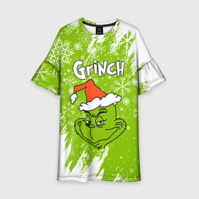 Детское платье 3D с принтом Grinch Green. , 100% полиэстер | прямой силуэт, чуть расширенный к низу. Круглая горловина, на рукавах — воланы | 2022 | grinch | happy new year | merry christmas | год тигра | гринч | зима близко | нг | новогодний | новый год | новый год 2022 | рождество | снег | снежинки