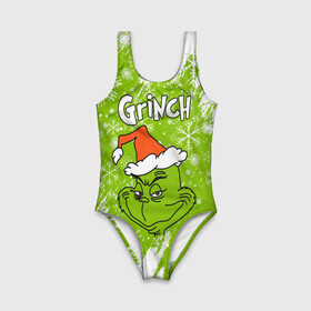 Детский купальник 3D с принтом Grinch Green. , Полиэстер 85%, Спандекс 15% | Слитный крой, подклад по переду изделия, узкие бретели | Тематика изображения на принте: 2022 | grinch | happy new year | merry christmas | год тигра | гринч | зима близко | нг | новогодний | новый год | новый год 2022 | рождество | снег | снежинки